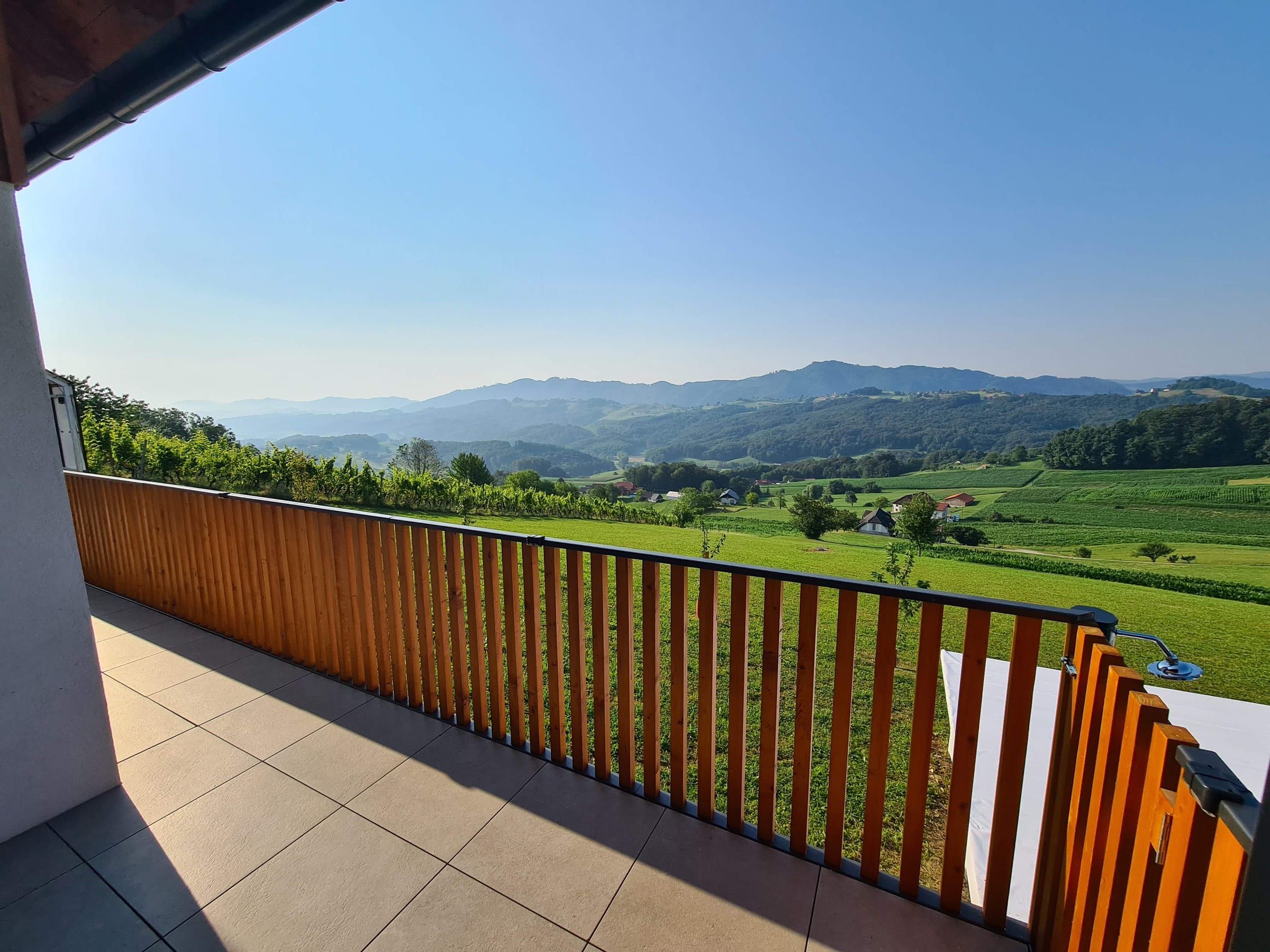 The pool beside the covered terrace and dining table, overlooking green hills.