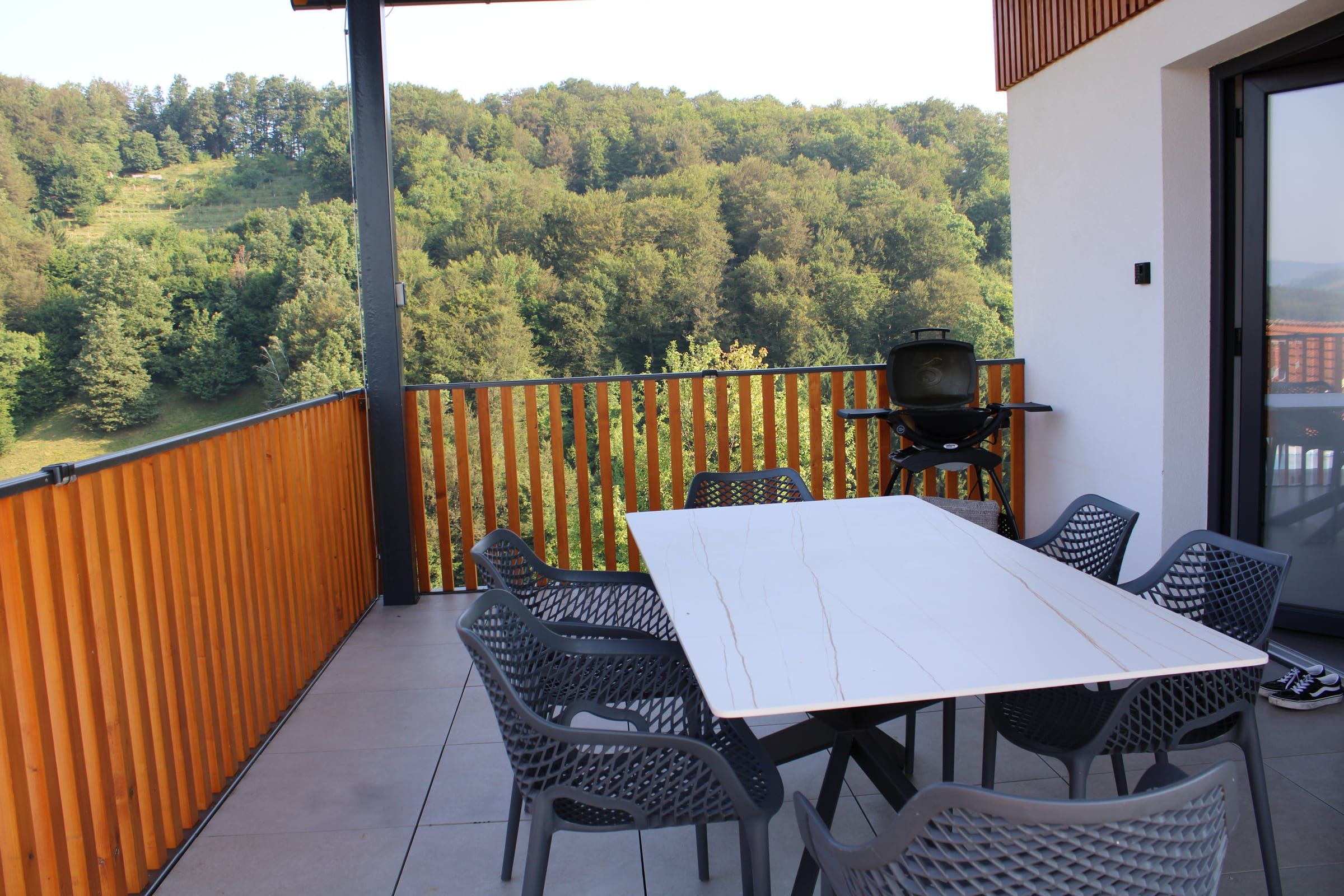 The terrace with dining table and electric barbecue, surrounded by forest.