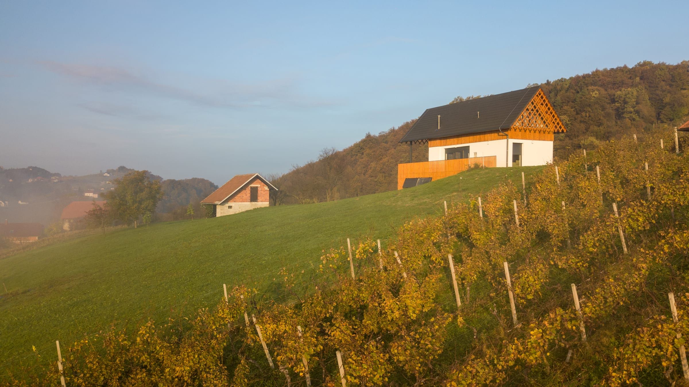 Aerial view of the villa surrounded by autumn vineyards on the hillside.